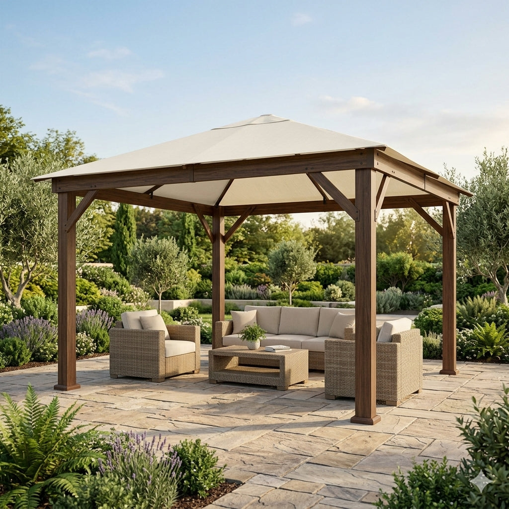 Calidora 10x10 ft wood-look garden gazebo with cream canopy