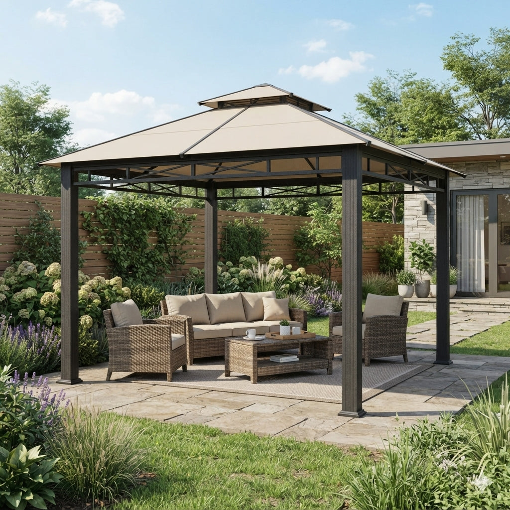 Arvella 10x10 ft steel frame garden gazebo with beige canopy
